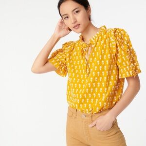 J. CREW OPEN SUNFLOWER EMBROIDERED RUFFLED V NECK TOP PUFF SLEEVES X-LARGE EUC